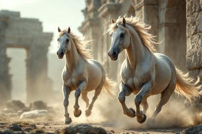 Primary subject: Two horses running in a dirt field.

Setting/background: The horses are running in a dirt field, with a rocky surface and a stone wall in the background.

Visual style: The image is a photo of the two horses running.

Colors and mood: The image has a warm and dynamic color palette, with the horses' coats and the dirt field creating a sense of motion and energy.