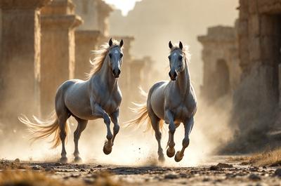 Primary subject: Two horses running on a dirt road.

Setting/background: The horses are running in front of a rocky wall, which adds a natural and rugged backdrop to the scene.

Visual style: The image is a photo of the two horses in motion.

Colors and mood: The scene is dominated by earthy tones, such as brown and beige, which create a sense of natural beauty and energy. The horses' movement and the dust they kick up add a dynamic and