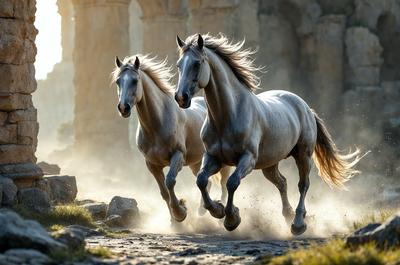 Primary subject: Two horses running on a dirt road.

Setting/background: The horses are running on a dirt road, with a rocky surface and a stone wall in the background.

Visual style: The image is a photo of the two horses running.

Colors and mood: The image has a warm and dynamic color palette, with the horses' coats and the dirt road creating a sense of motion and energy.