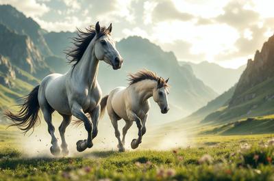 Primary subject: Two horses running in a field.

Setting/background: A grassy field with mountains in the background.

Visual style: A photo of the two horses running in the field.

Colors and mood: The image is in color, with a lively and energetic atmosphere, as the horses are running and enjoying their time in the field.