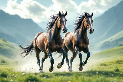 The primary subject of the image is two brown horses running through a grassy field. The setting is a mountainous area, with the horses galloping across a lush green field. The visual style is a photo, capturing the horses in motion. The colors and mood of the image are warm and energetic, as the horses are in full flight, creating a sense of freedom and excitement.