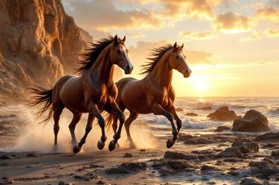 Primary subject: Two brown horses running on the beach.

Setting/background: The beach is the setting, with the ocean in the background.

Visual style: The image is a photo of the two horses running on the beach.

Colors and mood: The image has a warm and vibrant color palette, with the horses' brown coats and the ocean's blue and white hues. The overall atmosphere is energetic and dynamic, as the horses are captured in motion.