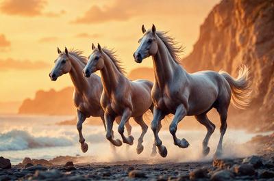 Primary subject: Four horses running on the beach.

Setting/background: The beach is the backdrop for the horses running.

Visual style: The image is a photo of the horses running on the beach.

Colors and mood: The image has a warm and vibrant color palette, with the horses' coats and the beach's natural hues creating a lively atmosphere.