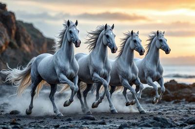 Primary subject: A group of six horses running on a beach.

Setting/background: The beach is the setting for the scene, with the horses running along the shoreline.

Visual style: The image is a photo of the horses running on the beach.

Colors and mood: The colors in the image are predominantly shades of brown and white, with the horses' coats and the sandy beach. The overall atmosphere is energetic and dynamic, as the horses are in motion.