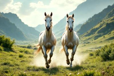Primary subject: Two white horses running through a grassy field.

Setting/background: The horses are running through a grassy field with mountains in the background.

Visual style: The image is a photo of the two horses running.

Colors and mood: The image has a vibrant and lively atmosphere, with the white horses and the green grass creating a sense of freedom and energy.