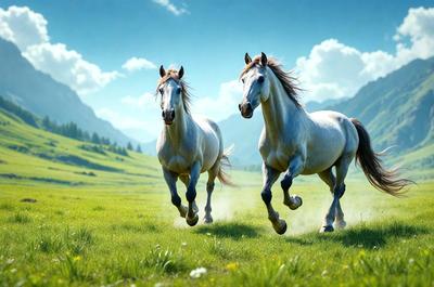 The primary subject of the image is two horses running through a grassy field. The setting is a lush green field with mountains in the background. The visual style is a digital art or illustration, creating a vibrant and dynamic scene. The colors are predominantly green, with the grass and mountains, and the horses are depicted in shades of brown and white. The overall atmosphere is energetic and captivating, showcasing the beauty of the horses and their natural environment.