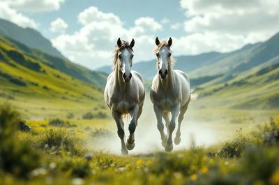 Primary subject: Two horses running in a field.

Setting/background: A grassy field with mountains in the background.

Visual style: A photo of the two horses running.

Colors and mood: The image is in black and white, giving it a classic and timeless feel. The horses are running through the grass, creating a sense of freedom and energy.