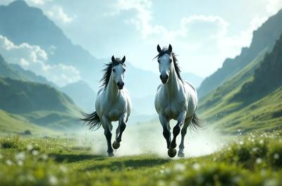 Primary subject: Two horses running in a field.

Setting/background: A grassy field with mountains in the background.

Visual style: Digital art.

Colors and mood: The image is in color, with a lush green field and a blue sky. The horses are white, and their movement creates a sense of energy and freedom.
