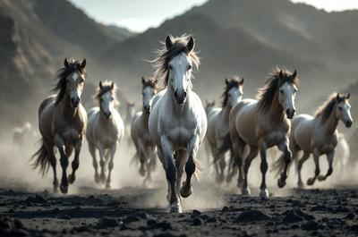 Primary subject: A white horse running in a dusty field.

Setting/background: The horse is running in a dusty field with mountains in the background.

Visual style: The image is a photo of the horse running in the field.

Colors and mood: The image has a sepia tone, giving it a warm and nostalgic atmosphere.