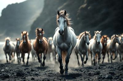 Primary subject: A white horse with a flowing mane.

Setting/background: A rocky hillside with a herd of horses running through it.

Visual style: A photo of the white horse with a flowing mane.

Colors and mood: The image is in black and white, giving it a classic and timeless feel. The white horse stands out against the rocky hillside, creating a sense of motion and freedom.