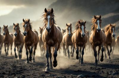 Primary subject: A group of horses running together in a dusty field.

Setting/background: The horses are running on a dirt road, with a mountainous background.

Visual style: The image is a photo of the horses running in the field.

Colors and mood: The image has a warm and dynamic color palette, with the horses' coats and the dusty environment creating a sense of movement and energy.