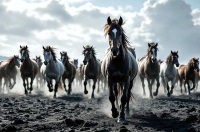 The primary subject of the image is a horse running through a field. The setting is a black and white photo, which gives it a classic and timeless feel. The visual style is a realistic representation of the horse and its surroundings. The colors and mood of the image are predominantly black and white, creating a sense of drama and intensity.