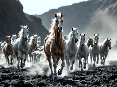 Primary subject: A group of horses running through a dirt field.

Setting/background: The horses are running on a dirt field, with a mountain in the background.

Visual style: The image is a photo of the horses running.

Colors and mood: The image has a sepia tone, giving it a warm and nostalgic atmosphere.