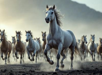 Primary subject: A white horse running in a field.

Setting/background: The horse is running in a field with other horses in the background.

Visual style: The image is a photo of the horse running in the field.

Colors and mood: The image has a sepia tone, giving it a warm and nostalgic atmosphere.