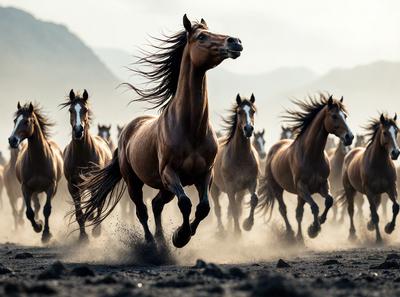Primary subject: A brown horse running in a field.

Setting/background: The horse is running in a field with mountains in the background.

Visual style: The image is a photo of the horse running.

Colors and mood: The image has a sepia tone, giving it a warm and nostalgic atmosphere.