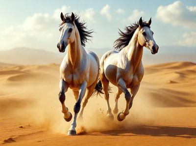 Primary subject: Two horses running in the desert.

Setting/background: The horses are running on a sandy surface, with a desert landscape in the background.

Visual style: The image is a photo of the two horses running in the desert.

Colors and mood: The image has a warm and natural color palette, with the sandy surface and the desert landscape creating a sense of freedom and adventure.