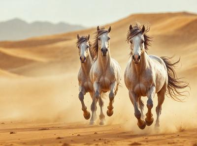 Primary subject: Three horses running in the desert.

Setting/background: The horses are running on a sandy surface, with a desert-like environment in the background.

Visual style: The image is a photo of the three horses running in the desert.

Colors and mood: The image has a warm and natural color palette, with the sandy surface and the desert environment creating a sense of freedom and adventure.