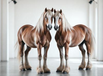 The primary subject of the image is two horses standing side by side. They are positioned in a white room, which serves as the setting for the scene. The visual style of the image is a photo, capturing the horses in their natural environment. The colors in the image are predominantly white, creating a clean and minimalist atmosphere.