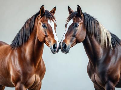 The primary subject of the image is two horses standing next to each other. They are positioned in front of a white wall, which serves as the setting or background. The visual style of the image is a photo, capturing the horses' close-up faces. The colors in the image are predominantly brown and white, giving the scene a warm and natural atmosphere.