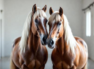 The primary subject of the image is two horses standing next to each other. They are positioned in a way that their heads are touching, creating a sense of closeness and companionship. The setting appears to be a white room, which provides a clean and minimalistic backdrop for the horses. The visual style of the image is a photo, capturing the horses in their natural environment. The colors and mood of the image are predominantly brown and white, giving it a warm and serene atmosphere.