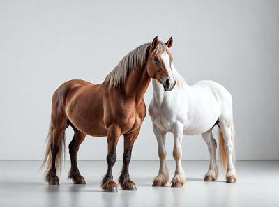 The primary subject of the image is a brown horse standing next to a white horse. They are both positioned in front of a white wall, which serves as the setting and background of the scene. The image appears to be a photo, capturing the horses in their natural environment. The brown horse has a more prominent presence in the scene, while the white horse stands beside it, creating a sense of harmony and balance between the two animals.