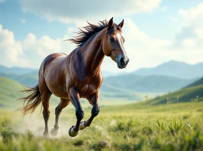 Primary subject: A brown horse running in a grassy field.

Setting/background: The horse is running in a grassy field with mountains in the background.

Visual style: The image is a photo of the horse running in the field.

Colors and mood: The image has a warm and natural color palette, with the brown horse and the green grass creating a sense of freedom and movement.