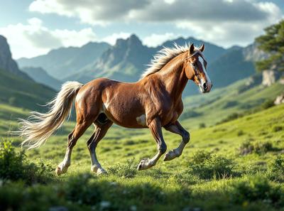 Primary subject: A brown horse running in a grassy field.

Setting/background: The horse is running in a grassy field with mountains in the background.

Visual style: The image is a photo of the horse in action.

Colors and mood: The image has a warm and natural color palette, with the brown horse and the green grass creating a sense of freedom and energy.