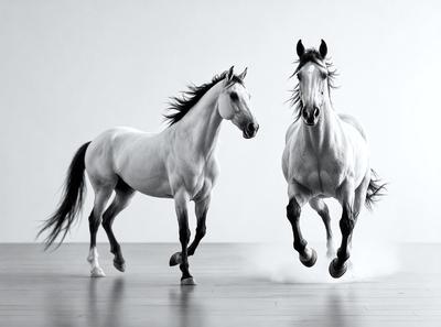 The primary subject of the image is a pair of horses running side by side on a wooden floor. The setting is a white room, which provides a clean and minimalistic backdrop for the scene. The visual style of the image is a black and white photo, giving it a classic and timeless appearance. The dominant colors are black and white, creating a sense of contrast and emphasizing the movement and energy of the horses.