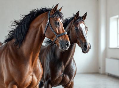 The primary subject of the image is a brown horse with a black mane. The horse is wearing a bridle and is standing next to another horse. The setting is a room with a white wall, and the visual style is a photo. The dominant colors are brown and black, creating a calm and focused atmosphere.