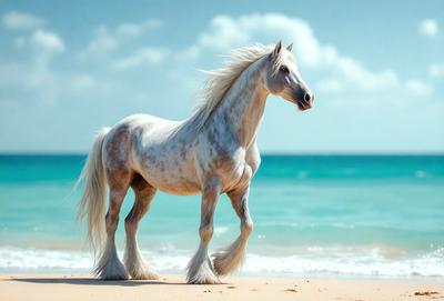 The primary subject of the image is a white horse standing on a beach. The horse is the main focus of the scene, and it appears to be walking along the shoreline. The setting is a beach with a clear blue sky in the background. The visual style of the image is a photo, capturing the horse in its natural environment. The colors and mood of the image are predominantly white and blue, creating a serene and peaceful atmosphere.