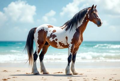 The primary subject of the image is a brown and white spotted horse standing on a sandy beach. The horse is positioned near the water, with the ocean visible in the background. The visual style of the image is a photo, capturing the horse in its natural environment. The colors and mood of the image are predominantly warm and serene, with the beach and ocean creating a peaceful and relaxing atmosphere.