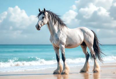 Primary subject: A white horse standing on a beach.

Setting/background: The horse is standing on a sandy beach near the ocean.

Visual style: The image is a photo of the horse on the beach.

Colors and mood: The colors in the image are predominantly white, gray, and blue, creating a serene and peaceful atmosphere.