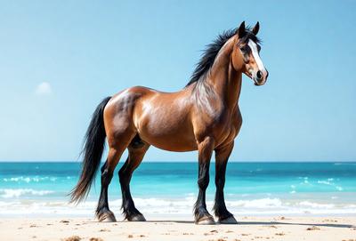 The primary subject of the image is a brown horse standing on a sandy beach. The horse is positioned in the center of the scene, with its head facing the camera. The setting is a beach with a clear blue sky in the background. The visual style of the image is a photo, capturing the horse in its natural environment. The colors and mood of the image are warm and serene, with the horse's presence creating a sense of tranquility and beauty.