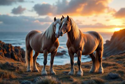 Primary subject: Two brown horses standing next to each other.

Setting/background: The horses are standing on a grassy hillside, with a body of water in the background.

Visual style: The image is a photo of the two horses.

Colors and mood: The horses are brown, and the overall atmosphere is calm and serene.
