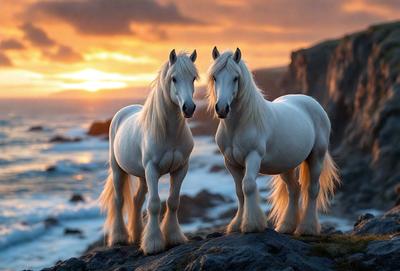 Primary subject: Two white horses standing on rocks near the ocean.

Setting/background: The horses are standing on rocks near the ocean, with a beautiful sunset in the background.

Visual style: The image is a digital artwork, featuring two white horses with long hair.

Colors and mood: The dominant colors are white and orange, creating a serene and picturesque atmosphere.
