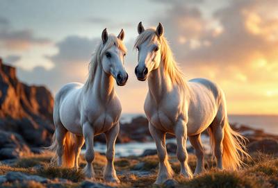 Primary subject: Two white horses standing next to each other.

Setting/background: The horses are standing on a grassy field with a rocky background.

Visual style: The image is a photo of the two horses.

Colors and mood: The horses are white, and the overall atmosphere is calm and serene.