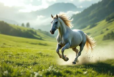 The primary subject of the image is a white horse running through a grassy field. The horse is the main focus of the scene, and it appears to be galloping or running with its mane flying in the wind. The setting is a lush green field, providing a natural and serene backdrop for the horse. The visual style of the image is a photo, capturing the horse in motion and the surrounding environment. The colors in the image are predominantly green, representing the grassy field, and the white horse stands