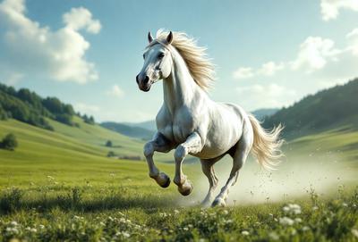 Primary subject: A white horse running in a field.

Setting/background: A grassy field with mountains in the background.

Visual style: Digital art.

Colors and mood: The image is in color, with a bright and lively atmosphere.