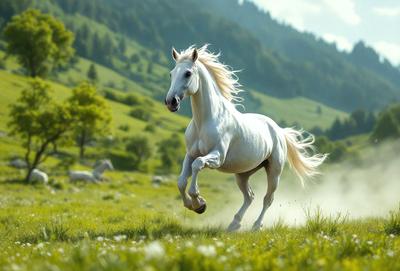 Primary subject: A white horse running in a grassy field.

Setting/background: The horse is running in a lush green field with trees in the background.

Visual style: The image is a photo of the horse in motion.

Colors and mood: The image is in color, and the lush green field and white horse create a sense of freedom and natural beauty.