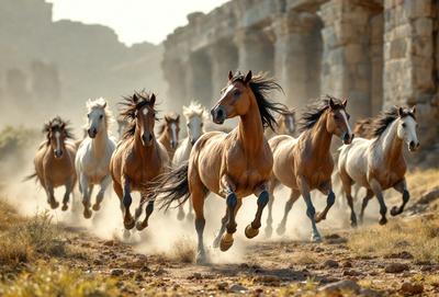Primary subject: A group of horses running together in a dirt field.

Setting/background: The horses are running in a dirt field, with a rocky background.

Visual style: The image is a photo of the horses running.

Colors and mood: The image has a warm and energetic mood, with the horses' movement and the dirt field creating a sense of motion and excitement.