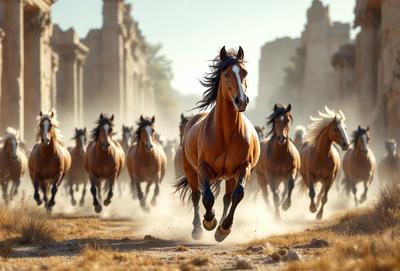Primary subject: A brown horse running in a dusty field.

Setting/background: The horse is running in a dusty field with a rocky surface.

Visual style: The image is a photo of the horse running in the field.

Colors and mood: The dominant colors are brown and beige, with a dusty and somewhat dry atmosphere.