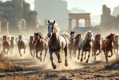 Primary subject: A group of horses running in a dusty field.

Setting/background: The horses are running in front of a mountain, creating a picturesque and natural backdrop.

Visual style: The image is a photo of the horses in motion.

Colors and mood: The scene is dominated by earthy tones, such as brown and beige, which create a sense of movement and energy. The dusty field adds to the dynamic atmosphere of the image.