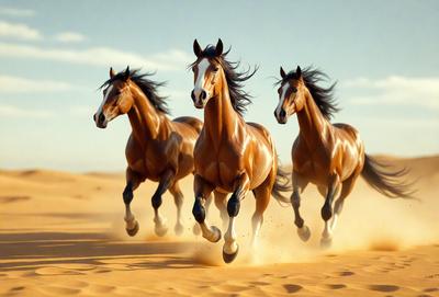 Primary subject: Three horses running in the desert.

Setting/background: The horses are running on a sandy surface, which is the desert.

Visual style: The image is a digital artwork.

Colors and mood: The image has a warm and vibrant color palette, with the horses' coats and the sandy background creating a sense of motion and energy.