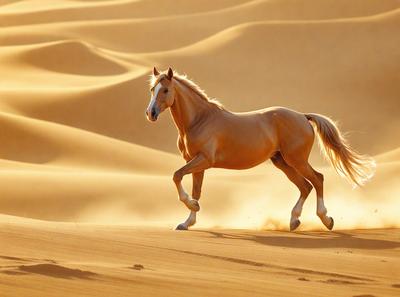 Primary subject: A horse running in the desert.

Setting/background: The horse is running on a sandy surface, with a desert-like environment in the background.

Visual style: The image is a photo of the horse running in the desert.

Colors and mood: The image has a warm and natural color palette, with the horse's coat and the sandy environment creating a sense of freedom and adventure.