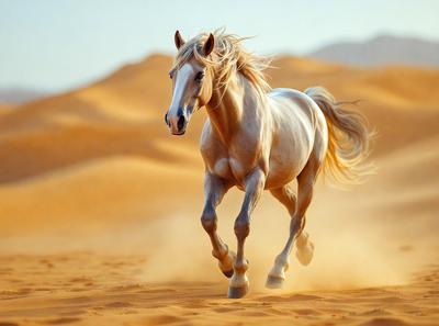 Primary subject: A white horse running in the desert.

Setting/background: The horse is running on a sandy surface, with a desert-like environment in the background.

Visual style: The image is a photo of the horse in motion.

Colors and mood: The image has a warm and natural color palette, with the white horse standing out against the sandy background. The overall atmosphere is energetic and dynamic, as the horse is captured in motion.