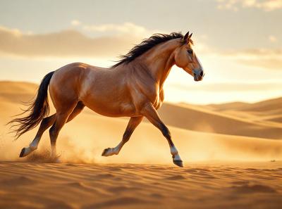 Primary subject: A brown horse running on a sandy surface.

Setting/background: The horse is running in a desert-like environment, with sand and a cloudy sky in the background.

Visual style: The image is a photo of the horse in motion.

Colors and mood: The dominant colors are brown and beige, with a warm and natural atmosphere.
