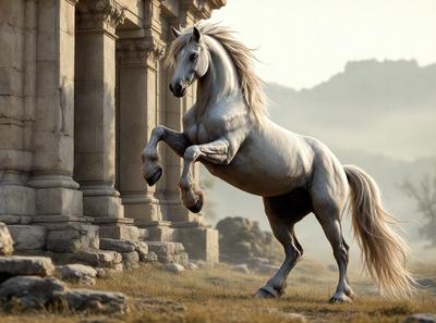 Primary subject: A white horse with a flowing mane.

Setting/background: The horse is standing in front of a stone building, with a mountain in the background.

Visual style: The image is a digital artwork, featuring a detailed and realistic representation of the horse.

Colors and mood: The image has a warm and natural color palette, with the white horse standing out against the stone building and mountain backdrop.