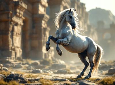 Primary subject: A white horse with a flowing mane, standing on a rocky hillside.

Setting/background: The horse is standing on a rocky hillside, with a mountainous background.

Visual style: The image is a photo of the horse in its natural environment.

Colors and mood: The horse's white color contrasts with the rocky and mountainous background, creating a sense of serenity and beauty.
