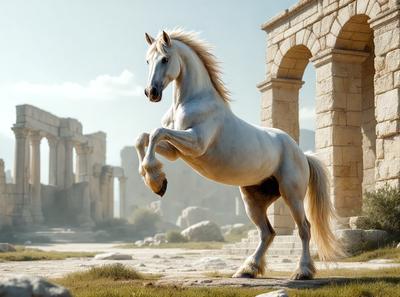 Primary subject: A white horse with a flowing mane, standing in a grassy field.

Setting/background: The horse is standing in front of a stone building, which could be a temple or a historical monument.

Visual style: The image is a digital art or illustration, featuring a detailed and realistic representation of the horse.

Colors and mood: The image has a warm and natural color palette, with the white horse standing out against the backdrop of the stone building.