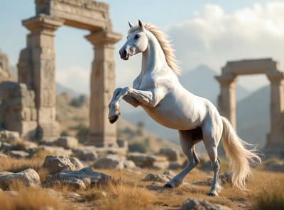 Primary subject: A white horse with a flowing mane.

Setting/background: The horse is standing in front of a large stone structure, possibly a temple or a monument.

Visual style: The image is a photo of the horse in front of the stone structure.

Colors and mood: The horse is white, and the overall atmosphere of the image is serene and majestic.